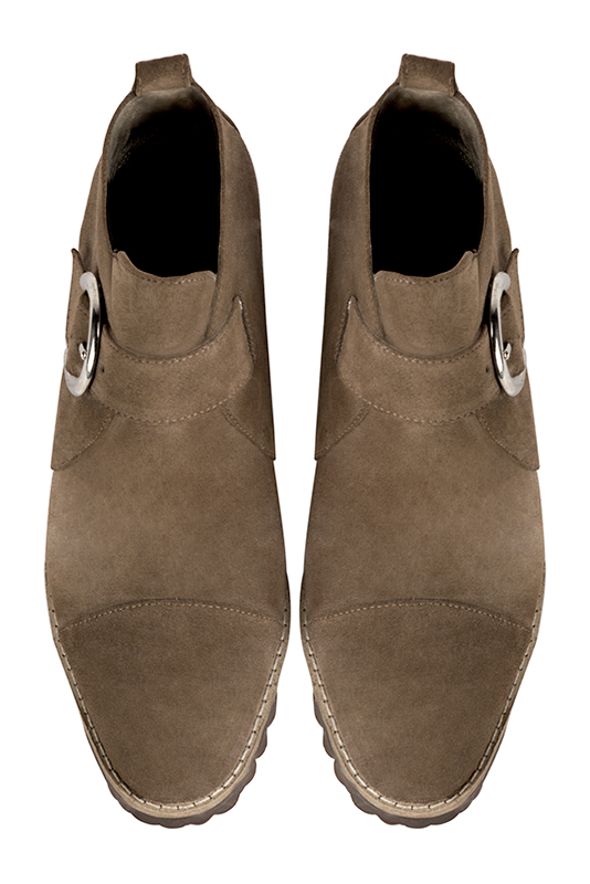 Chocolate brown women's ankle boots with buckles at the front. Round toe. Medium block heels. Top view - Florence KOOIJMAN